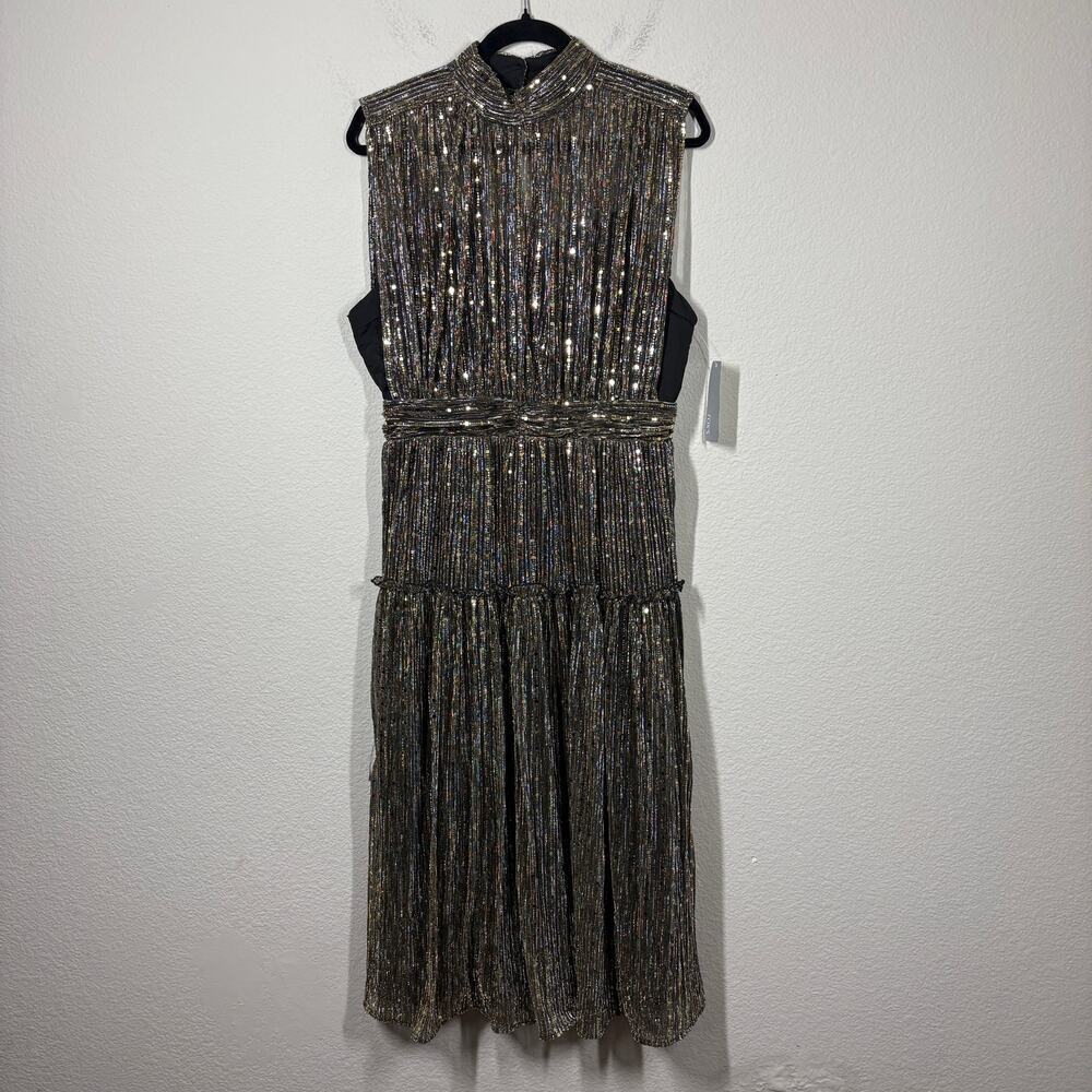 Ina [i:na] Large Metallic Gold Midi Tiered Dress Mock Neck Keyhole Sleeveless